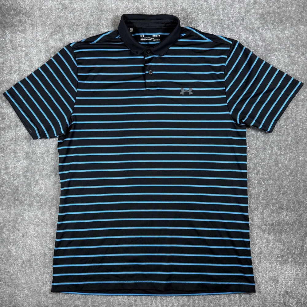 Under Armour Polo Shirt Men's Medium Black Blue Striped Short Sleeve Heatgear